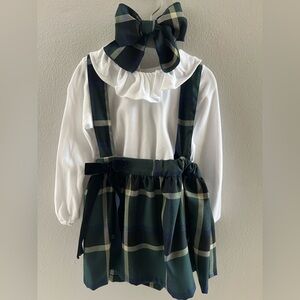 Plaid Suspender Skirt with White Ruffle Top